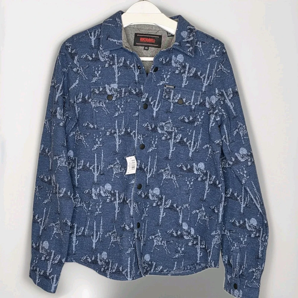 NWT Rock‎ & Roll Denim Boys XL Horse Cactus Print Shacket Tight Knit Fleece Blue
